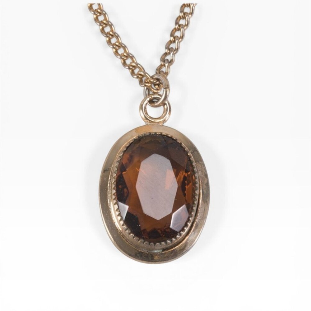 Sarah Coventry Vintage Necklace Brown Faceted Glass Oval Pendant Gold Tone